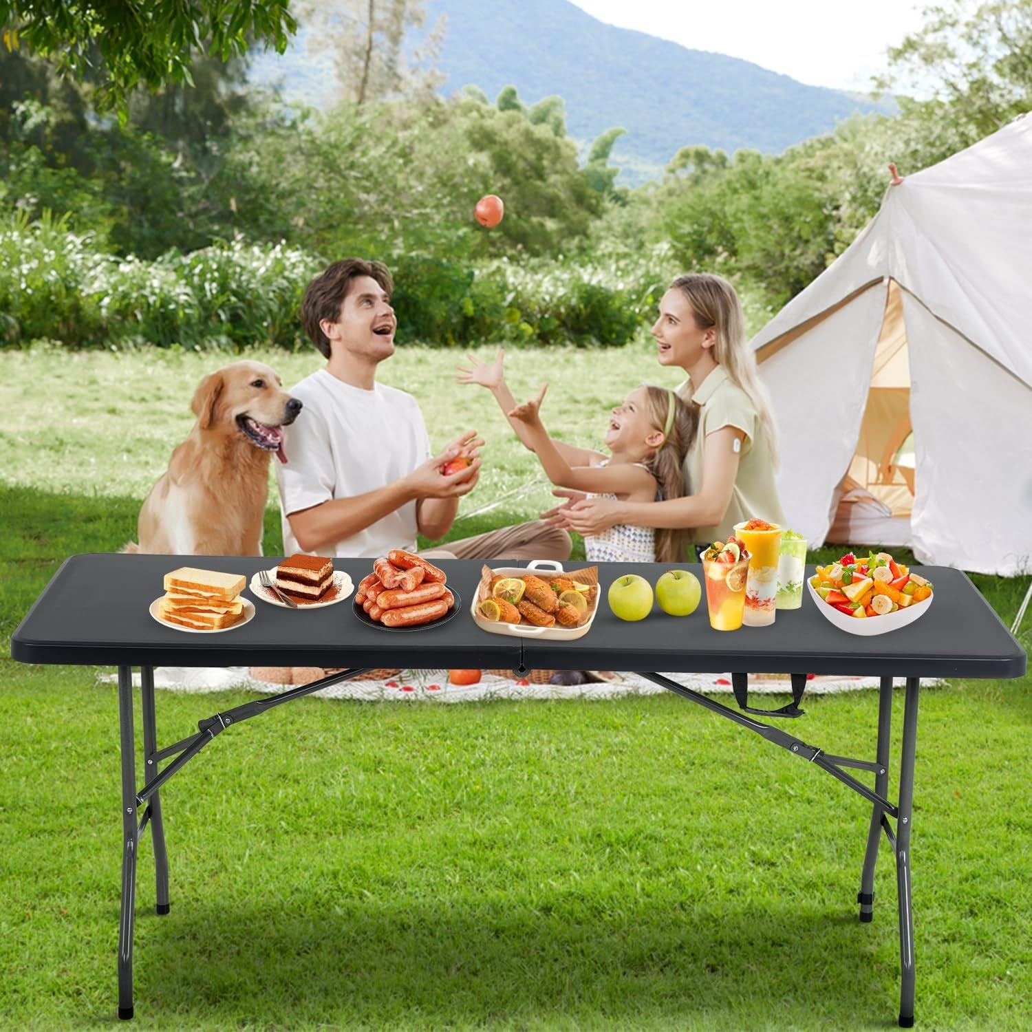 Outdoor Folding Camping Table Plastic Table Portable Square Height Dining Table Perfect for Picnics,Parties,Party and Camping,Black