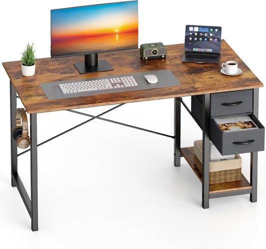 40 Inch Computer Desk with Drawers for Home Office, Writing Desk with X-Shaped Reinforcement, Wood Table with Adjustable Position Drawers, Modern Study Work Table with Side Hook, Rust