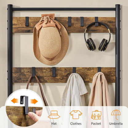 3-In-1 Hall Tree Coat Rack Shoe Bench with 9 Hooks and Storage Shelf, Industrial Entryway Storage Shelf Bench, Easy Assembly, Rustic Brown