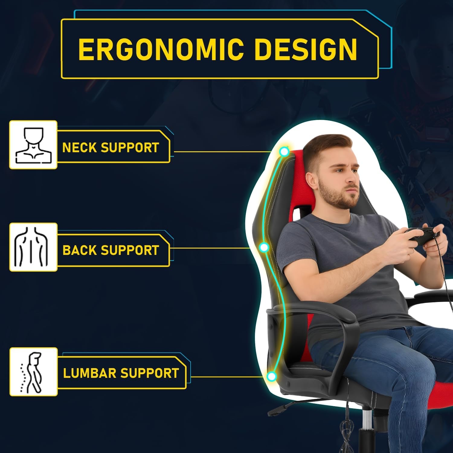 Video Game Chair, Gaming Chair Adjustable Swivel Office Chairs, Ergonomic Pu Leather PC Computer Chairs with Massage Lumbar Support 300Lbs Weight Capacity(Red)