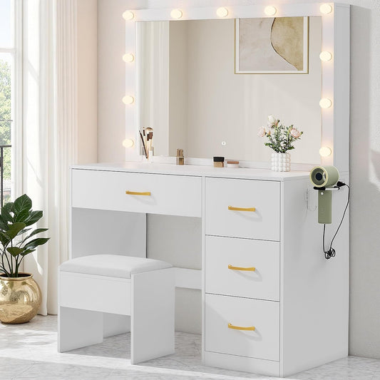 LED Makeup Vanity Table with 3 Light Modes, 4 Storage Drawers, Built-In Power Outlets & Hairdryer Holder, Dressing Table with Cushioned Stool