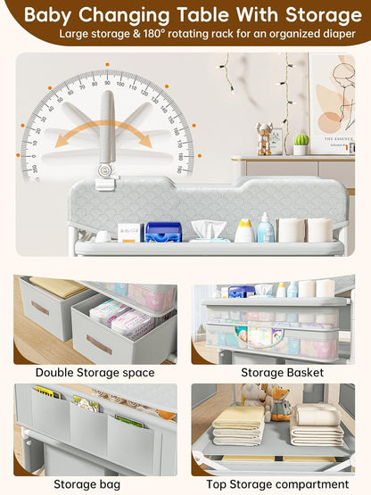 Baby Changing Table with Drawers, Waterproof Versatile Folding Diaper Changing Station with Storage, Adjustable Height, Portable Diaper Chang Ing Station, Mobile Nursery for Infant and Newborn