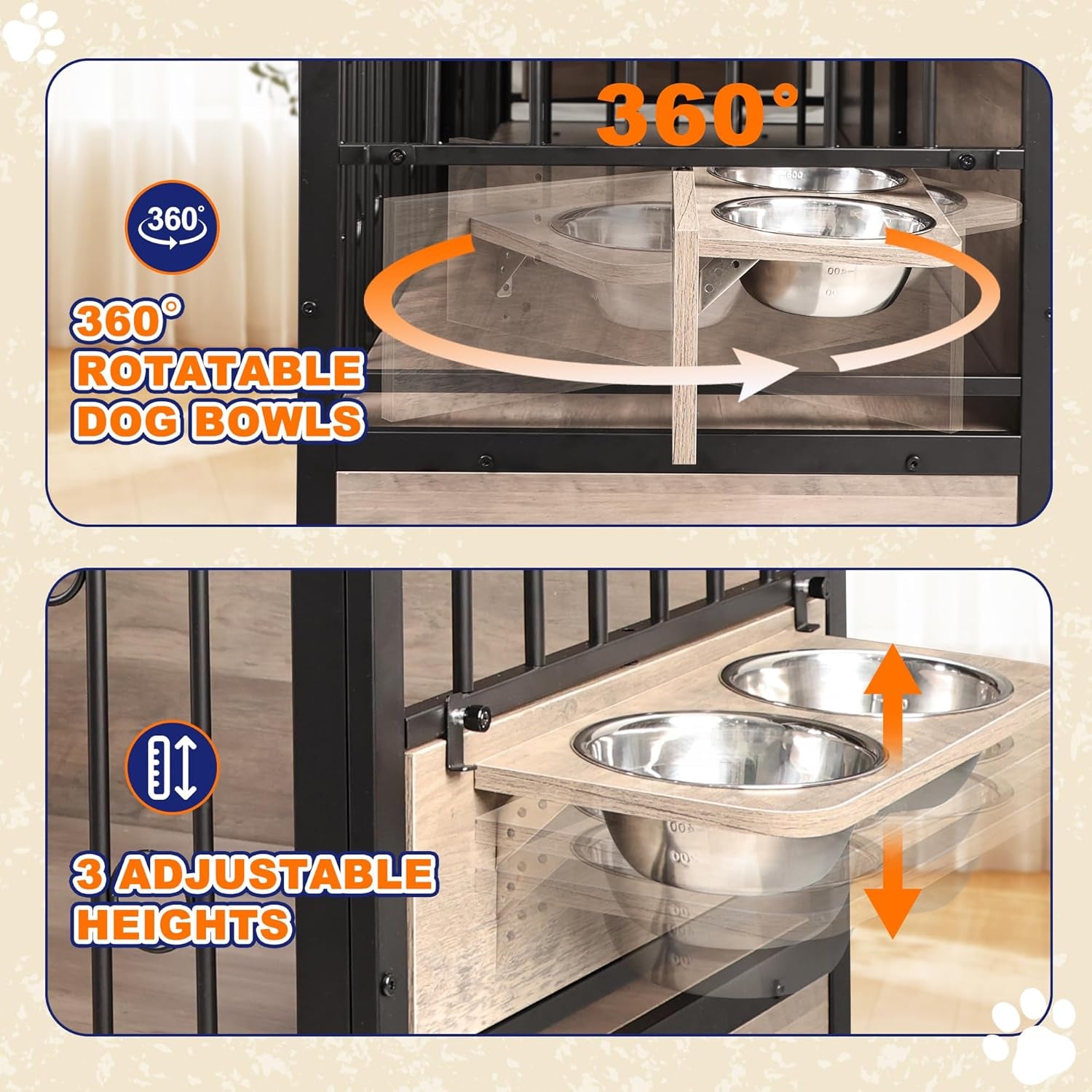 75'' Dog Crate Furniture Large Storage TV Stand with Dual Cushion / 4 Bowls/Double Rooms, Wooden Dog Kennel Dog Crate End Table with Removable Divider for Large Medium Dogs, Rustic Brown