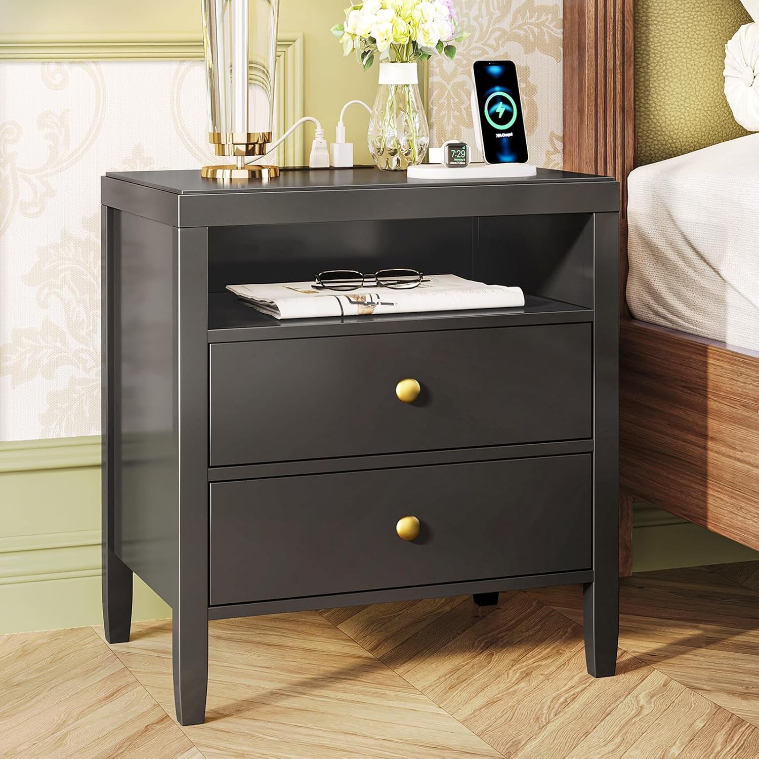 Black Nightstand Set of 2, Night Stand with Charger Station, Bedside Table with 2 Drawers, Bed Side Tables for Bedroom, Modern Nightstands, Metal Knobs, Painted Surface