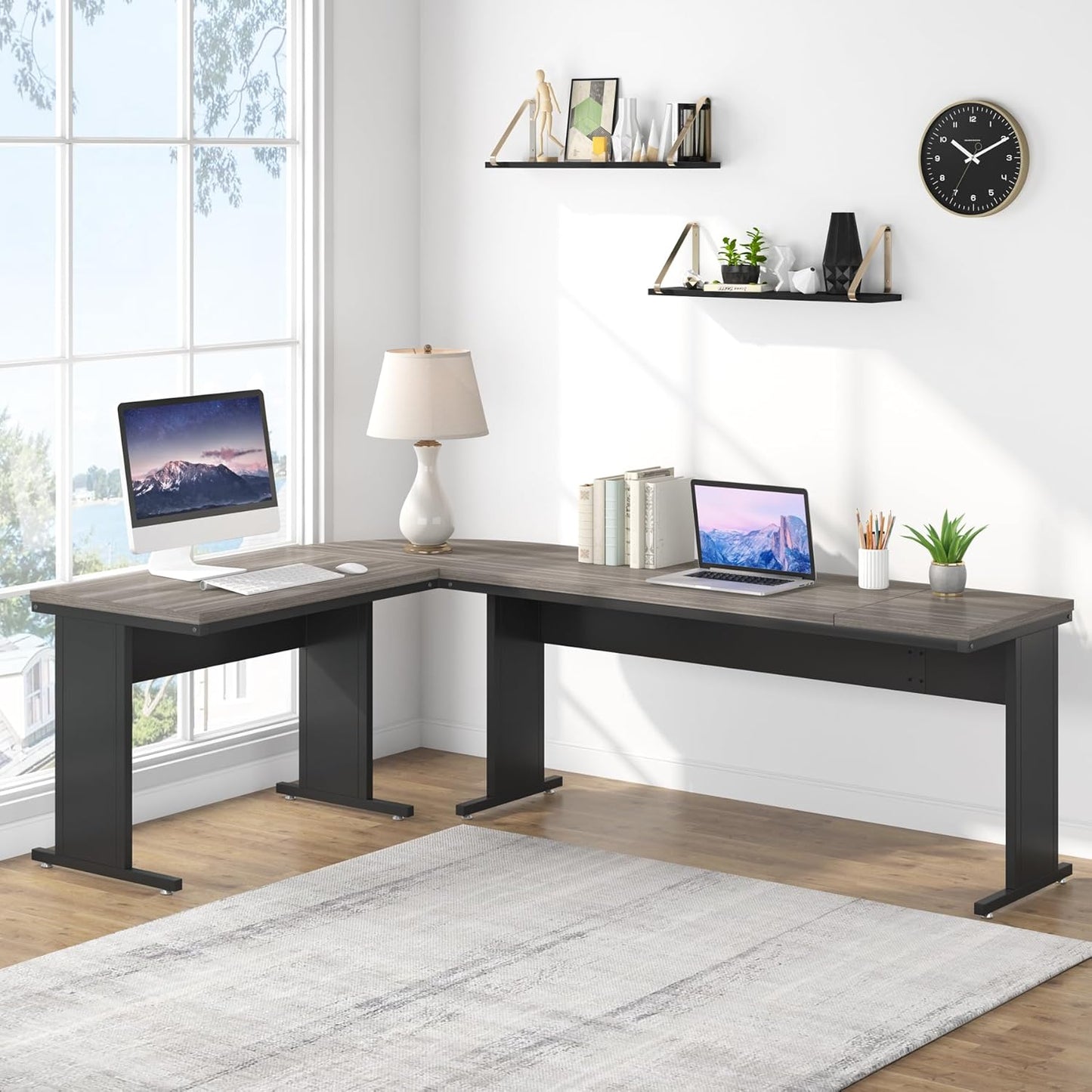 83-Inch Large L Shaped Desk, Reversible Executive Office Desk, Modern Corner Computer Table Business Workstation for Home Office (Grey)
