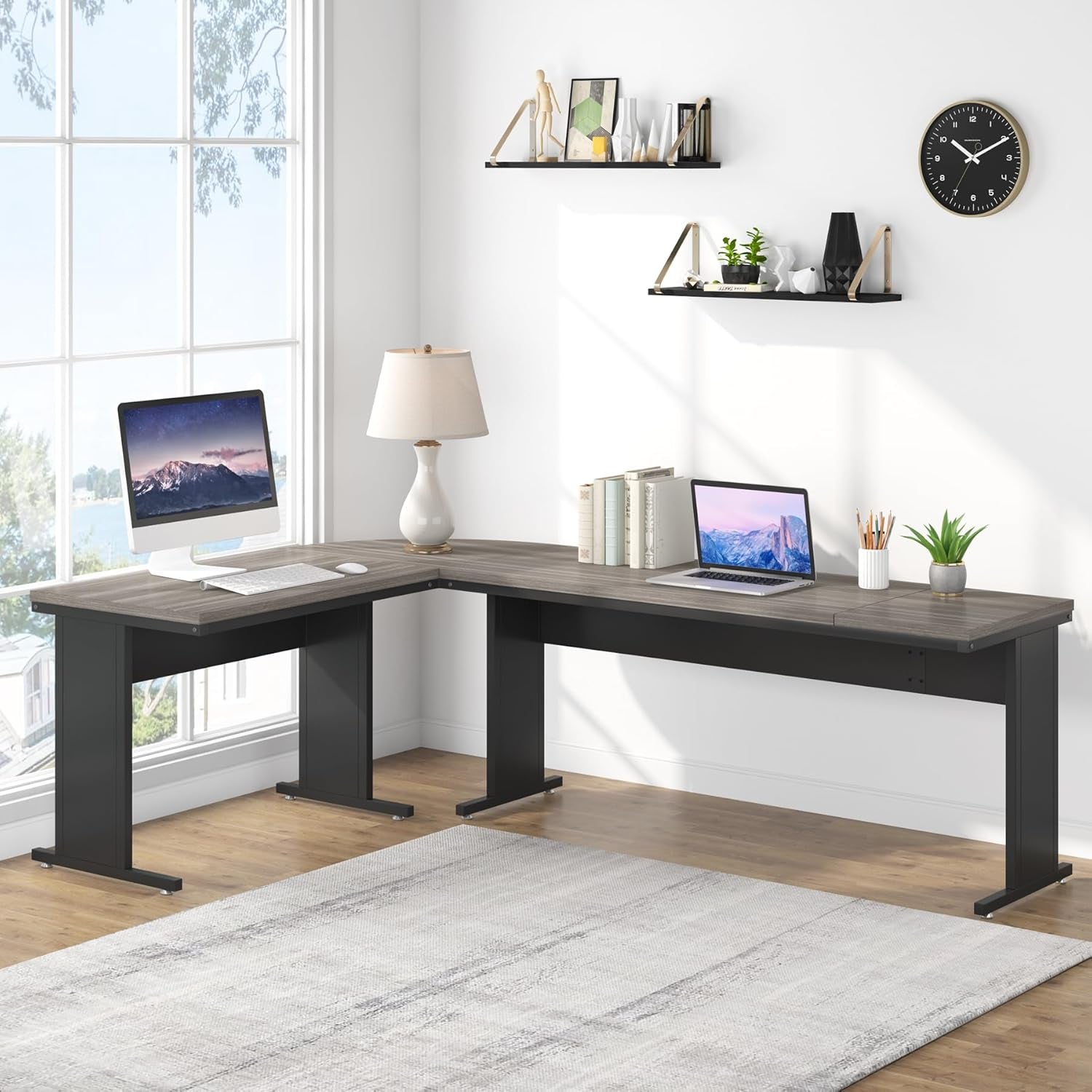 83-Inch Large L Shaped Desk, Reversible Executive Office Desk, Modern Corner Computer Table Business Workstation for Home Office (Grey)