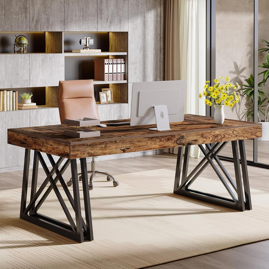 63-Inch Executive Desk, Farmhouse Office Computer Desk with Sturdy X-Shaped Legs, Large Writing Table Business Furniture Workstation for Home Office, Study (Rustic Brown & Black)