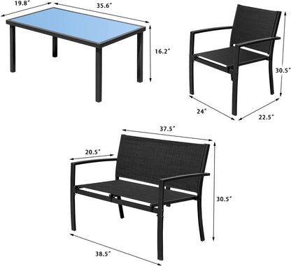 Outdoor Furniture Set 4 Piece Patio Conversation Sets Porch Furniture with Lawn Chairs & Glass Coffee Table for Garden Poolside (Black)