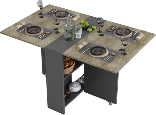 Folding Dining Table with 2 Storage Racks, Drop Leaf Table with 6 Wheels, Multifunction Expandable Table for Kitchen, Bedroom, Living Room