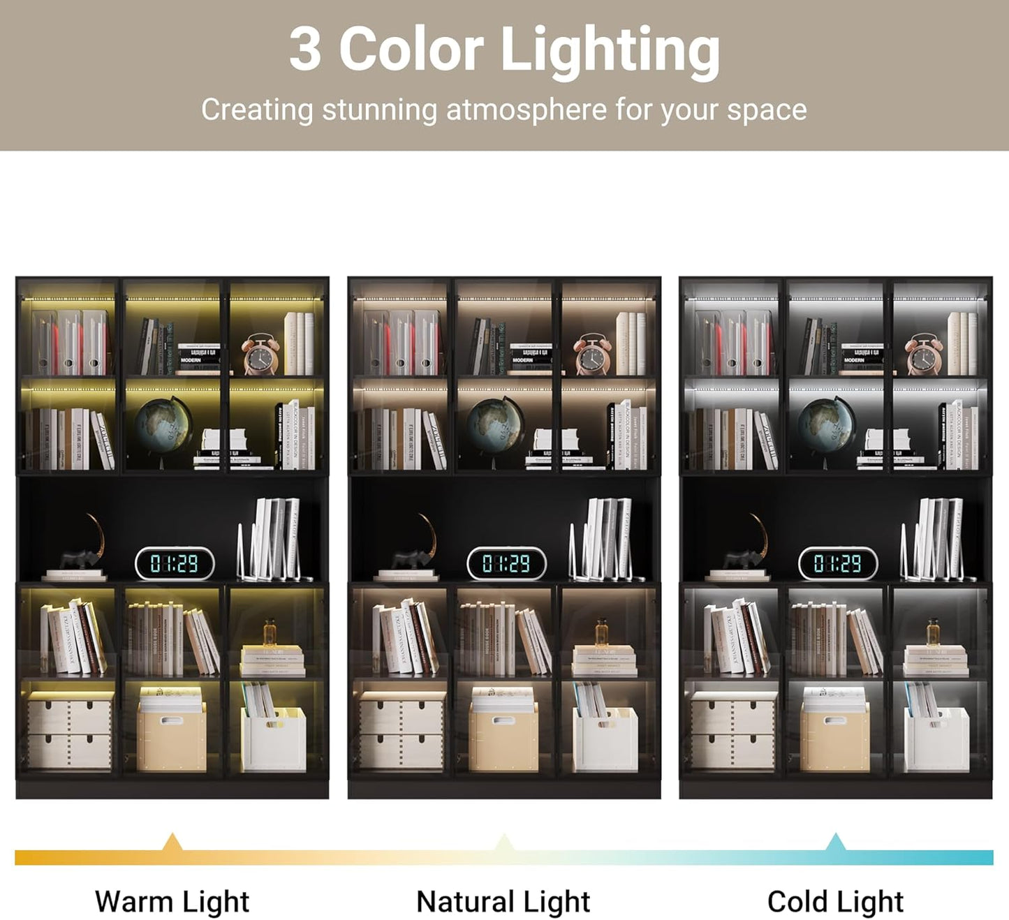 78.7" H Display Cabinet with 6 Glass Doors and Lights, Storage Cabinets Modern Bookcase with Hutch for Collectible, Display Case Trophy Case, Black