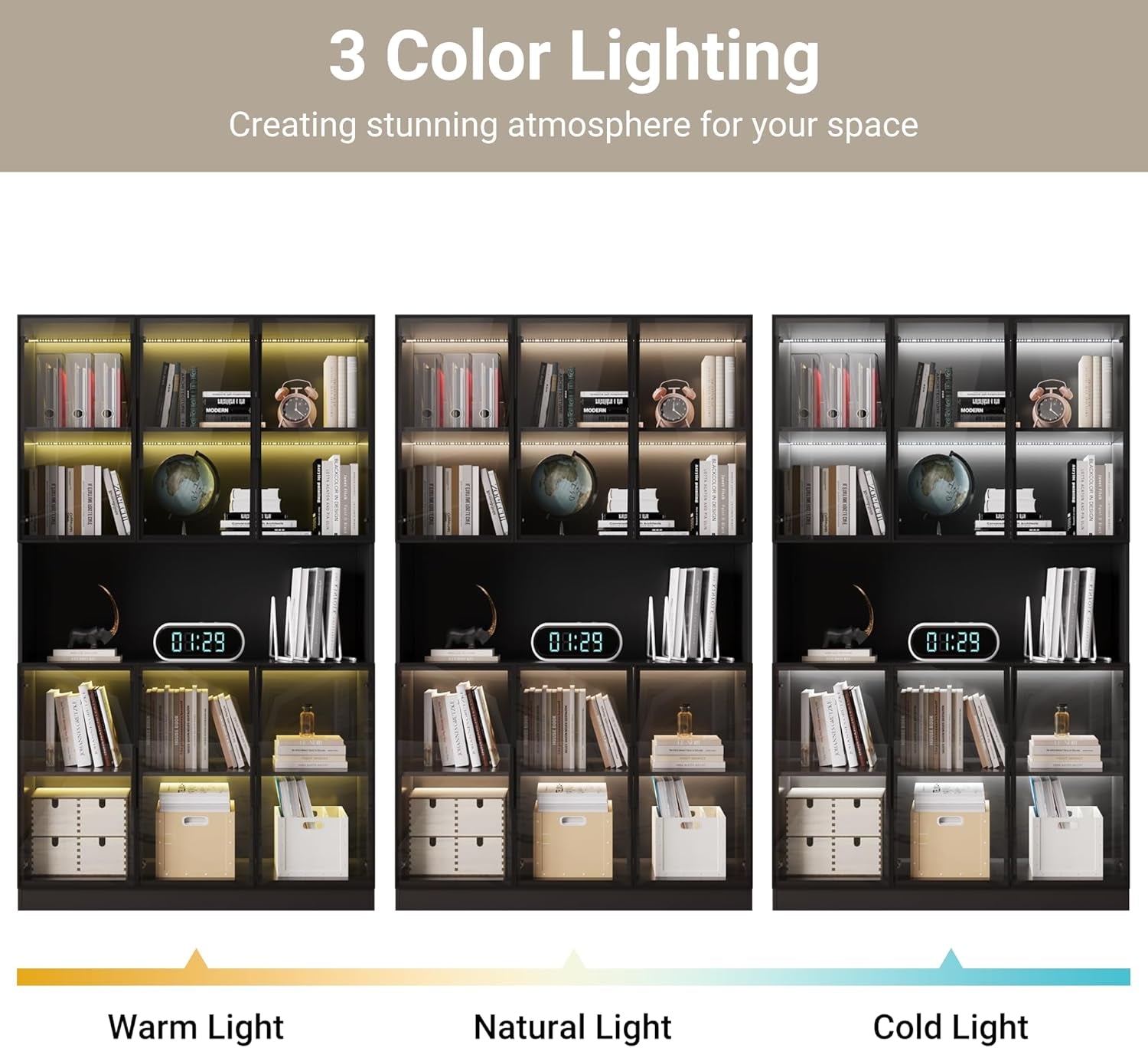 78.7" H Display Cabinet with 6 Glass Doors and Lights, Storage Cabinets Modern Bookcase with Hutch for Collectible, Display Case Trophy Case, Black