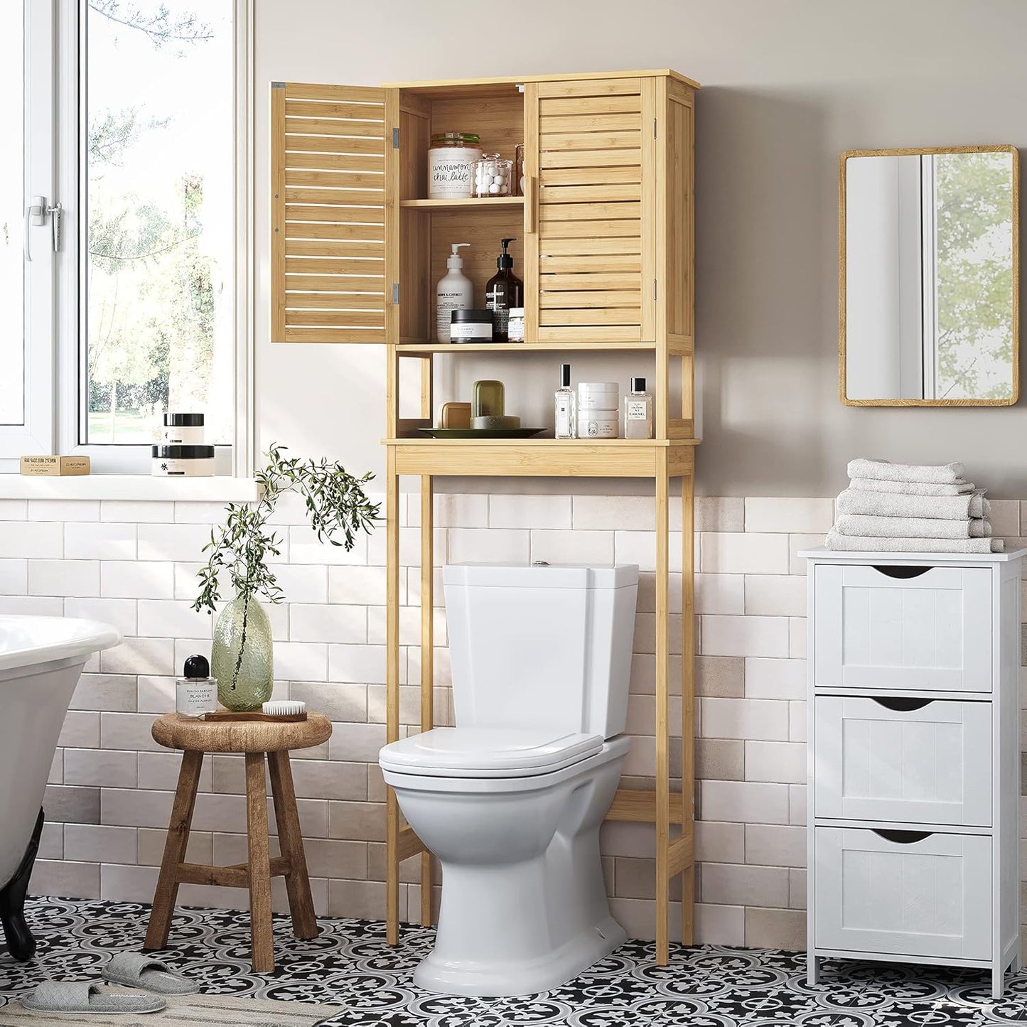 over the Toilet Storage Cabinet, Bathroom Cabinet with Adjustable inside Shelf and Bottom Stabilizer Bar, Space-Saving Toilet Rack, Natural Beige UBTS010N01