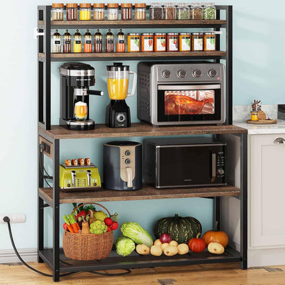 Large Bakers Rack with Power Outlets, 38 Inch Microwave Stand with Storage, 5-Tier Coffee Bar Stand, Industrial Kitchen Shelf Rack, Rustic Brown