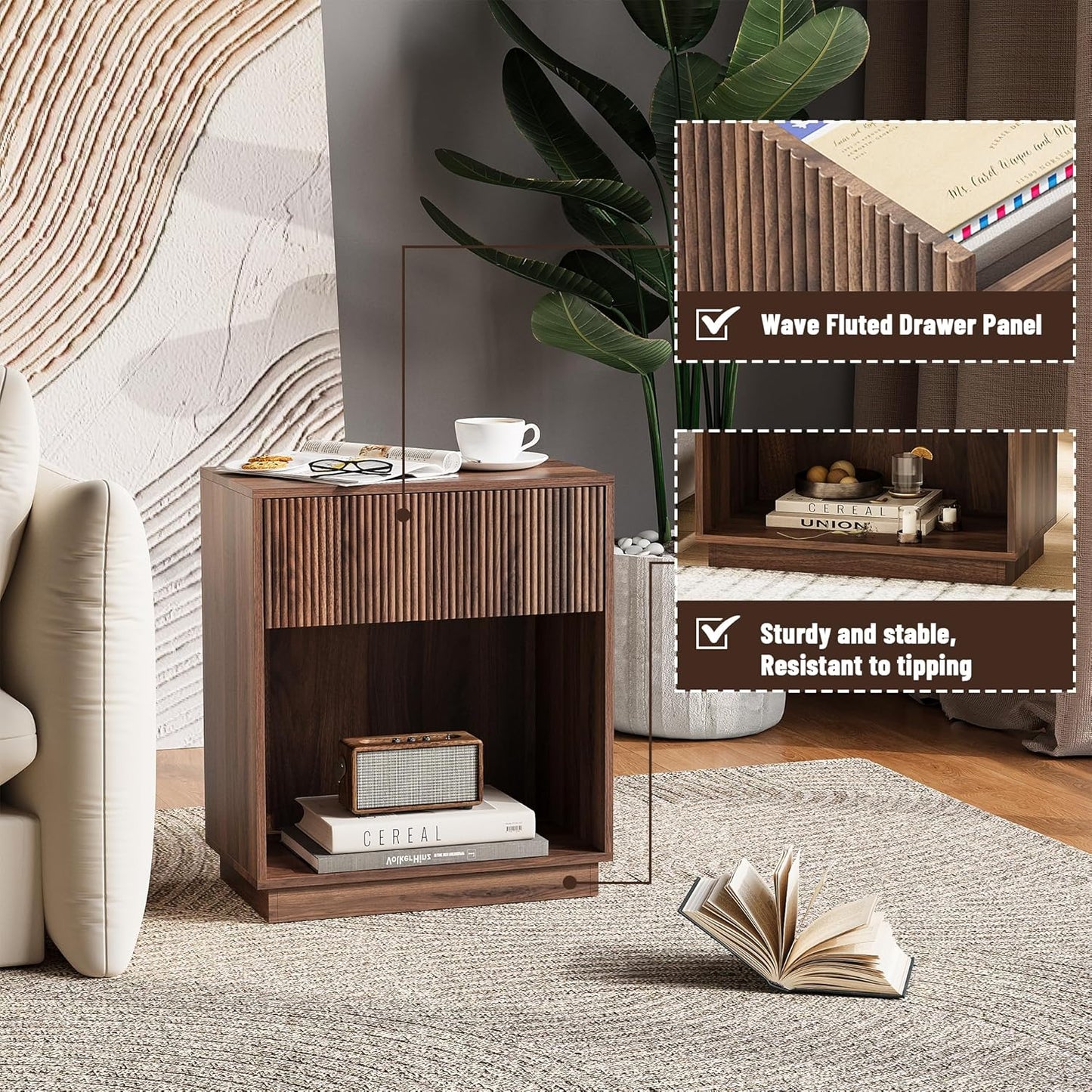 Fluted Nightstands Set of 2, Night Stand with Charging Station, Modern Bed Side Table with Drawer and Storage Shelf, Wood Mid Century End Table for Bedroom Living Room (Walnut)