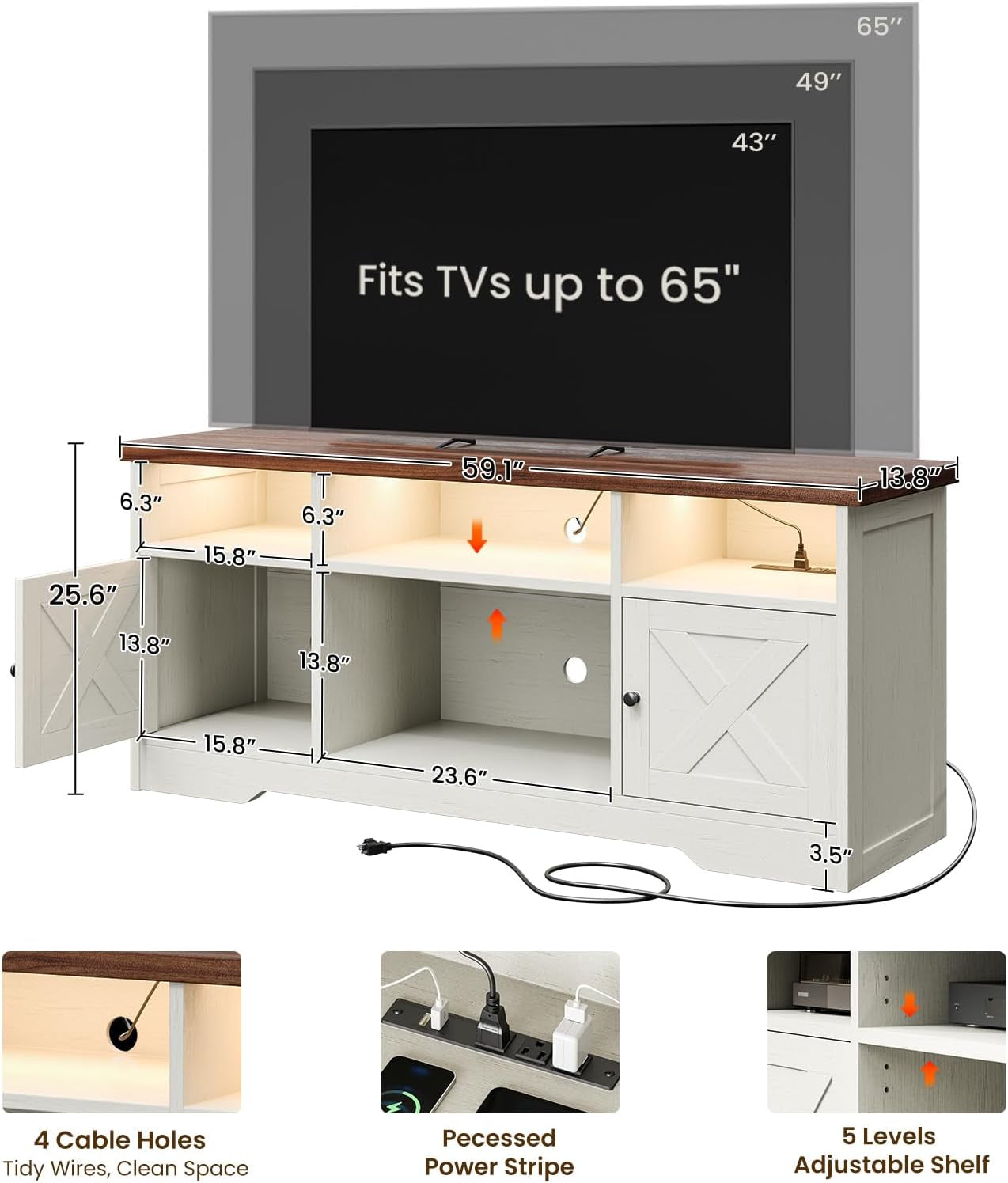 TV Stand for 65 Inch TV, Farmhouse Entertainment Center with Power Outlet & LED Light and Storage Cabinets, Console Table and Media Furniture for Living Room Bedroom, White