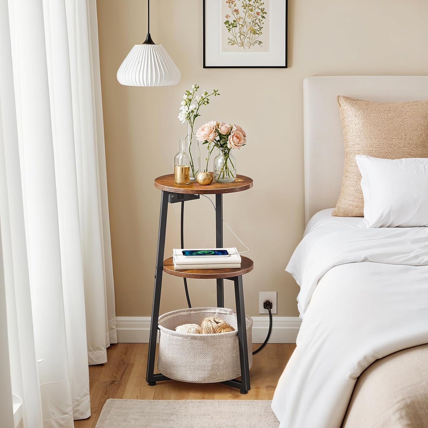 Small round Side Table with Charging Station, round End Accent Table with Storage Basket, Compact Sofa Bedside Table for Small Space in Living Room, Bedroom, Rustic Brown BF169UBZ01