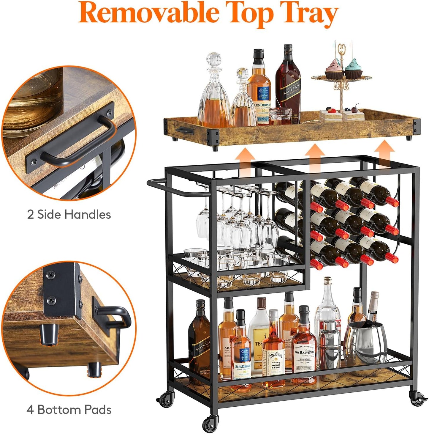 Bar Cart, Home Bar Serving Cart, 3 Tier Drink Cart with 12 Wine Bottle Racks, Liquor Beverage Cart for Kitchen Dining Livingroom, 31.5" X 15.7" X 36.6", Removable Top Tray, Rustic Brown