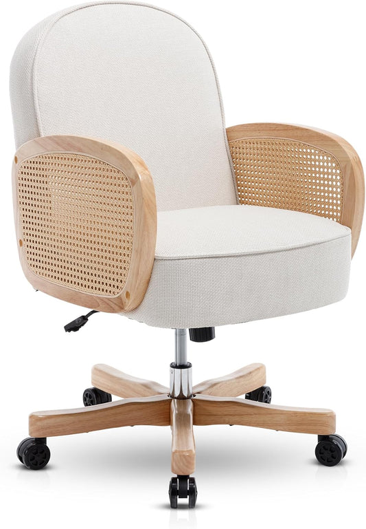 Rattan Desk Chair, Upholstered Home Office Chair with Rattan Armrest, Waterproof Cushion, Adjustable Swivel Rolling Height Computer Task Chair for Living Room Bed & Study Room, Ivory