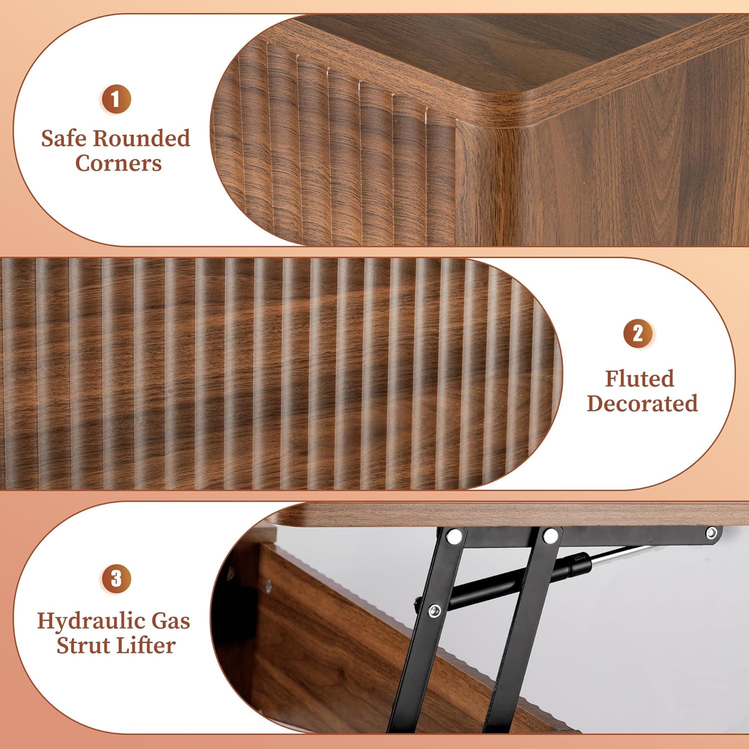 Fluted Lift Top Coffee Table with Storage, Modern Coffee Table for Living Room, Home Office（Walnut）