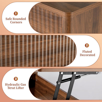 Fluted Lift Top Coffee Table with Storage, Modern Coffee Table for Living Room, Home Office（Walnut）