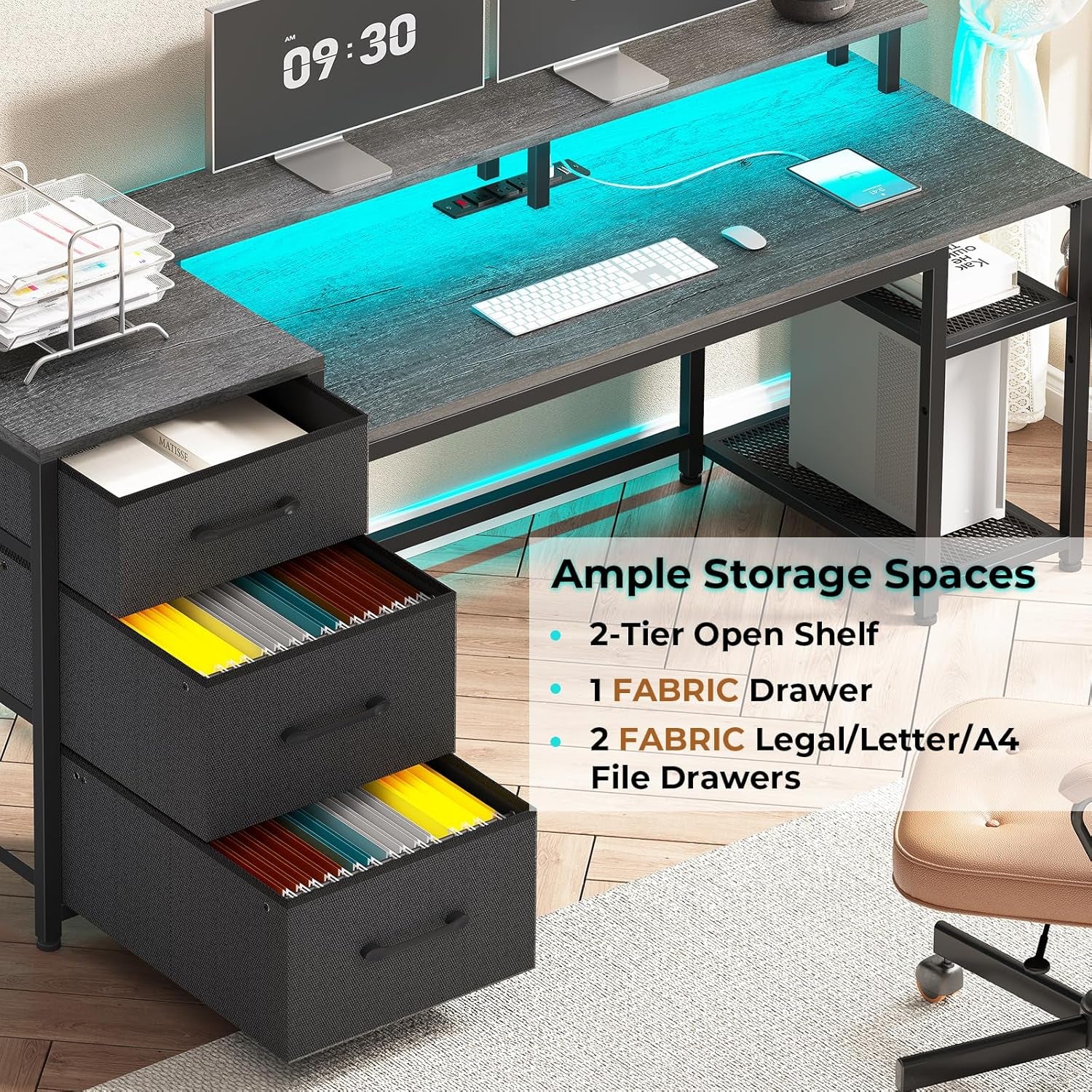 59" Office Desk with File Drawers, Reversible Computer Gaming Desk with Storage, LED Lights & Power Outlet, Home Office Desks for Printer, Grey