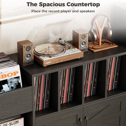 Record Player Stand, Vinyl Record Player Table with Storage Cabinet and Drawers, Mid Century Modern Turntable Stand Holds up to 600+ Albums for Living Room, Music Room, Black