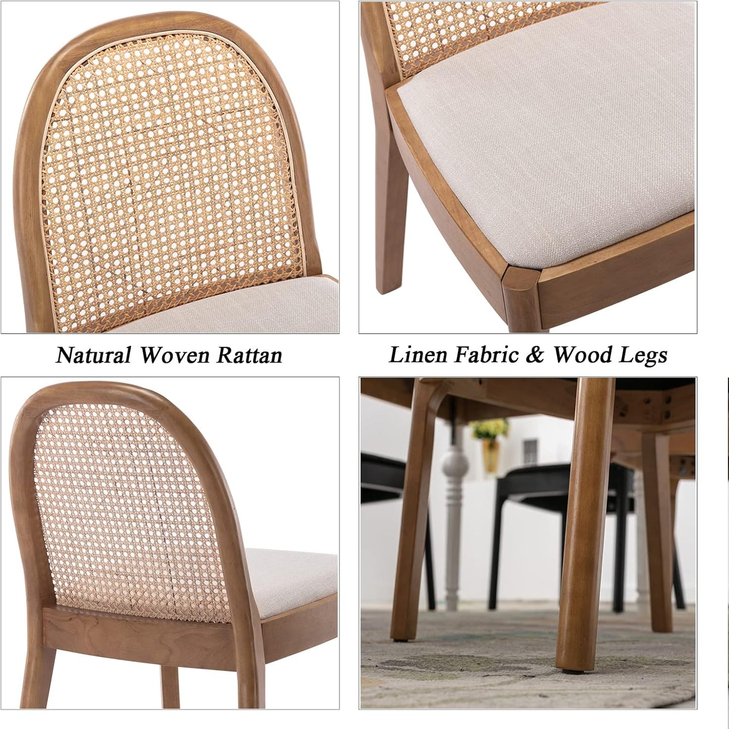 Mid-Century Modern Rattan Dining Chairs Set of 2, Wooden Dining Room Chair with Cane Backrest and Padded Seat, Linen Upholstered Dining Chair, Natural Finish, Beige