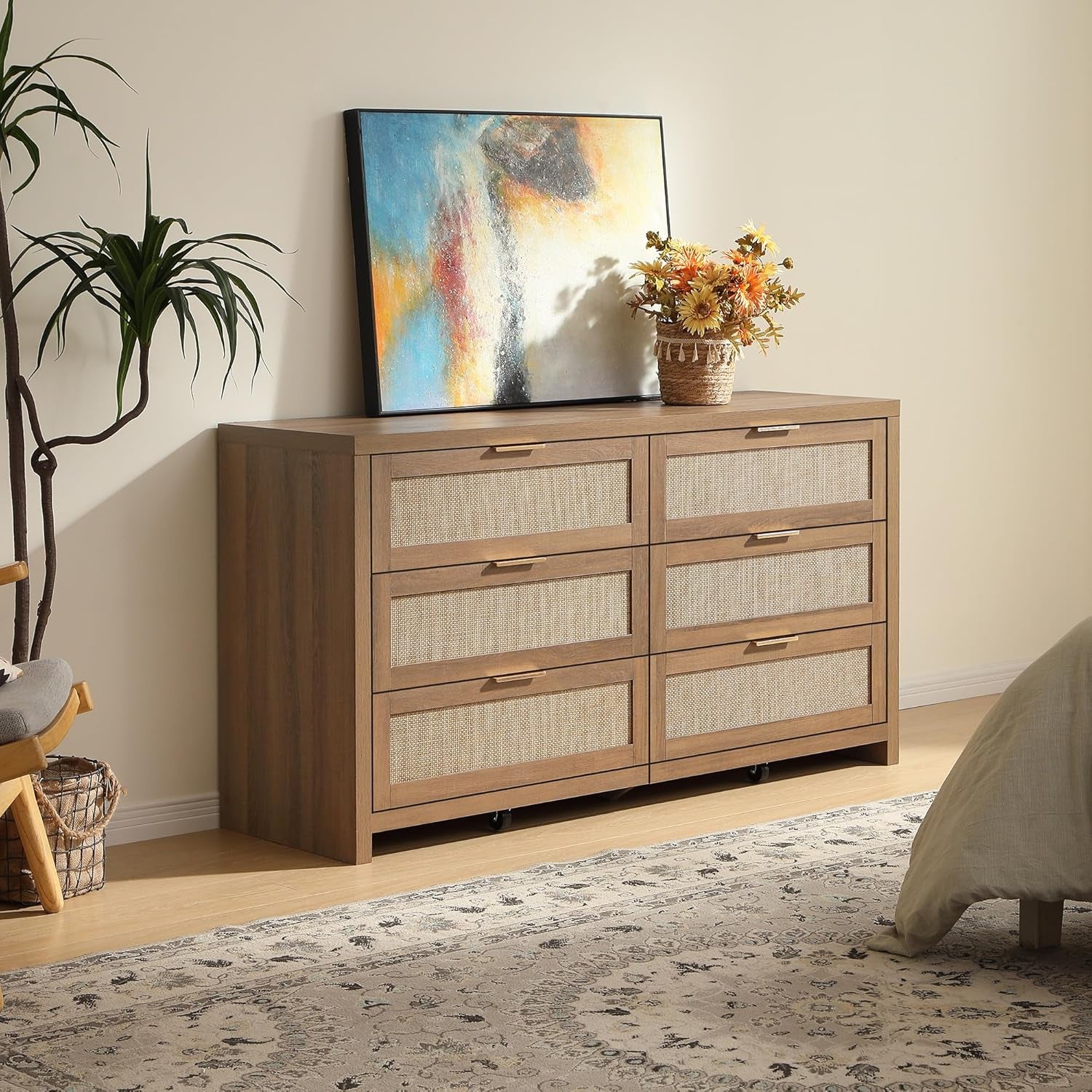 Rattan Dresser for Bedroom, 56.9" Wide 6 Drawer Dresser with Ample Storage, Dressers Large Chest of Drawers, Closet, Boho TV Stand for Bedroom (Reclaimed Caramel Oak, 1 Piece)