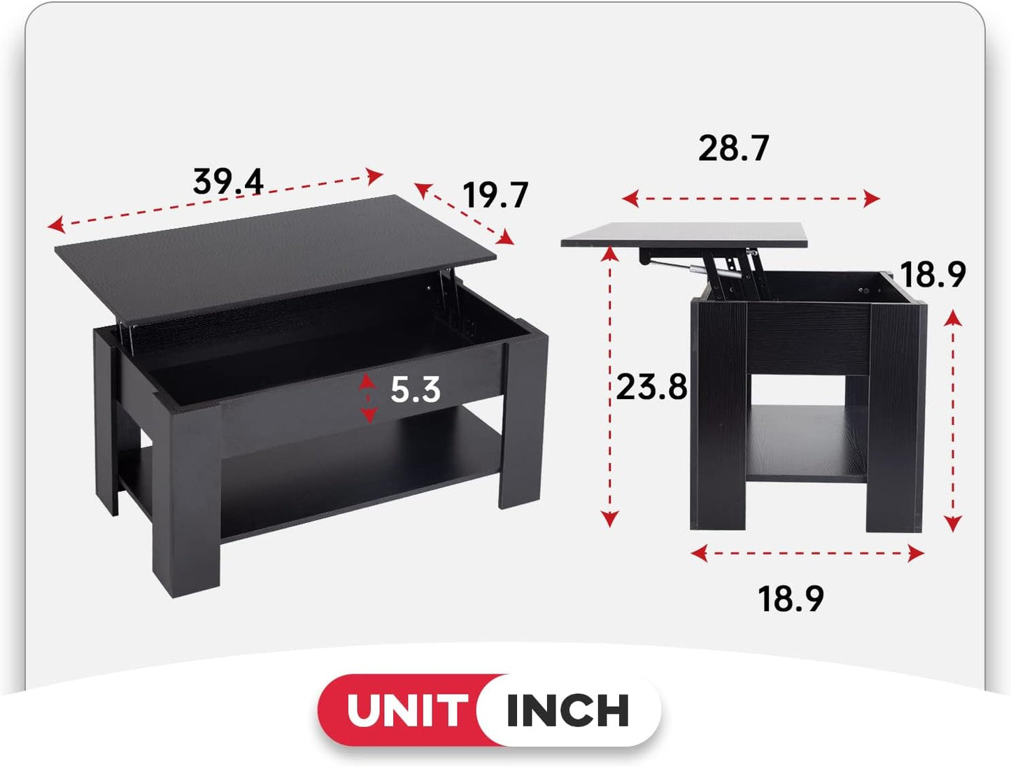 39.4" Lift Top Coffee Table with Hidden Compartment and Storage Shelf Wooden Lift Tabletop for Home Living Room Reception Room Office (Black)