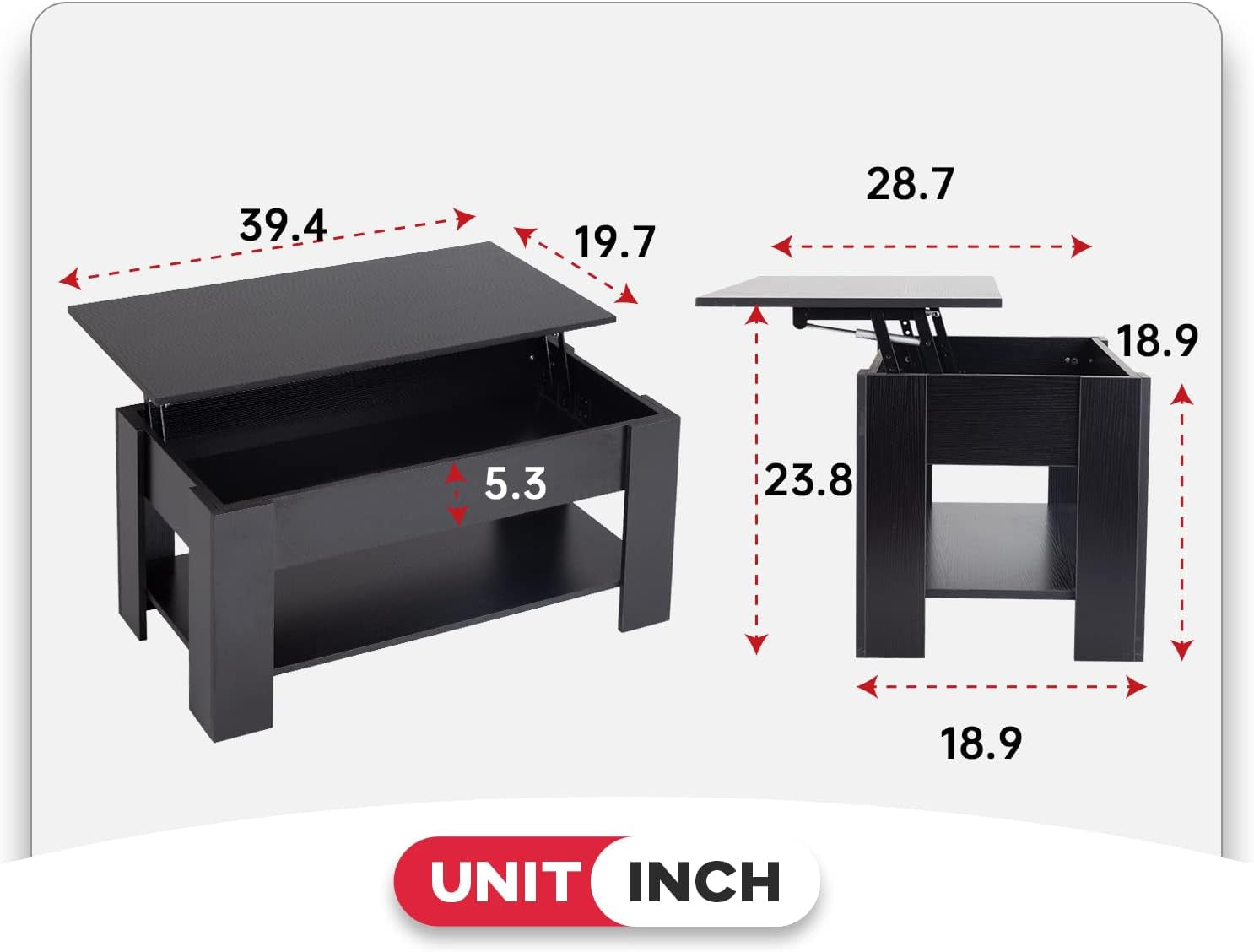 39.4" Lift Top Coffee Table with Hidden Compartment and Storage Shelf Wooden Lift Tabletop for Home Living Room Reception Room Office (Black)