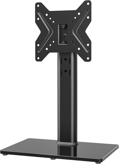 Universal Swivel TV /Table Top TV Stand for 19 to 43 Inch Tvs with 90 Degree Swivel, 4 Level Height Adjustable, Heavy Duty Tempered Glass Base, Holds up to 99LBS HT02B-001