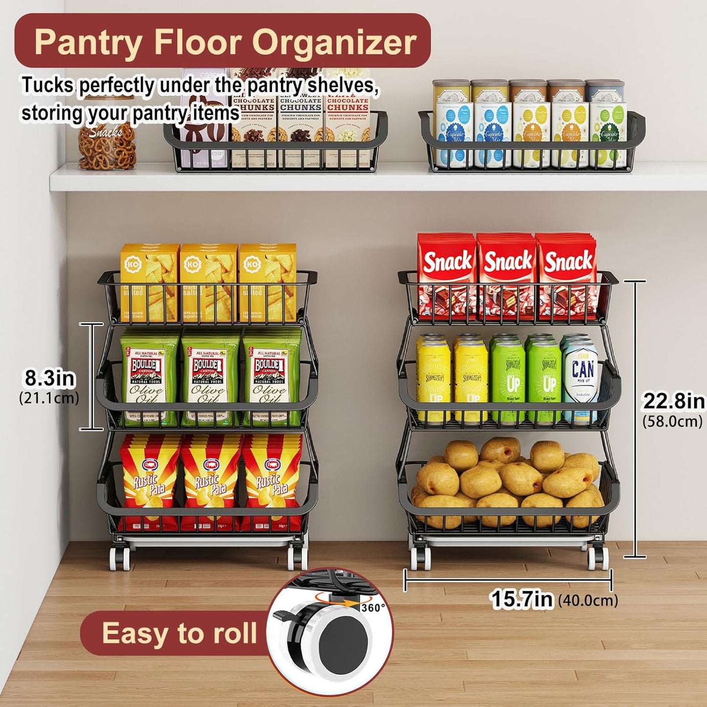 3-Tier Rolling Pantry Cart with Wheels, Stackable Wire Storage Floor Organizer for Kitchen Pantry Snack Shelves, Fruit Basket Stand, Vegetable Storage Rack for Food Snacks Onion Potato