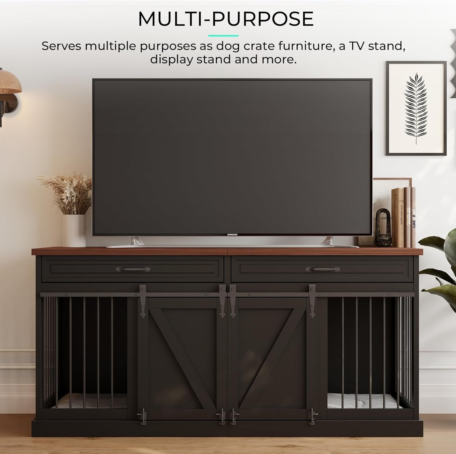 Dog Crate Furniture - Indoor Wooden Dog Kennel Furniture with Double Sliding Barn Doors, 2 Drawers & Room Divider - 72" L X 23.6" W X 34" H - Black