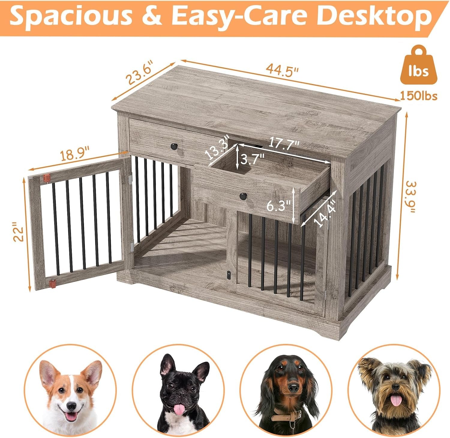 Dog Crate Furniture, Wooden Dog Kennel Furniture Indoor with 2 Storage Drawers, 46 Inch Heavy Duty Large Dog Crate Furnitures, Dogs Cage & Crate Furniture for Small Medium Large Dogs, Grey