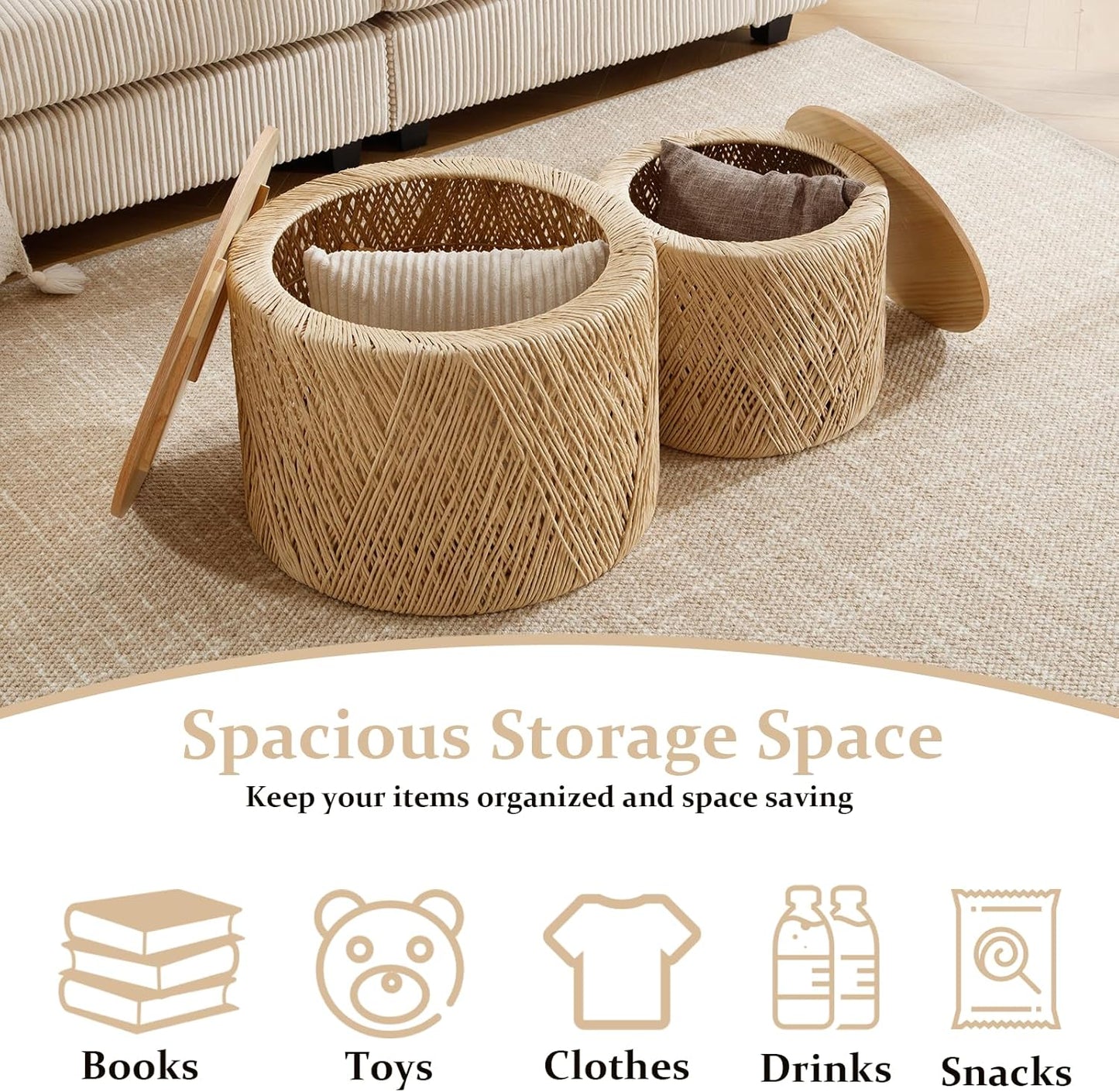 24" round Wood Nesting Coffee Table Set of 2 Handcraft Woven & Rope Rattan Sofa Tables Both with Storage Drum End Side Table for Small Space Living Room No Assembly Needed, Natural Color