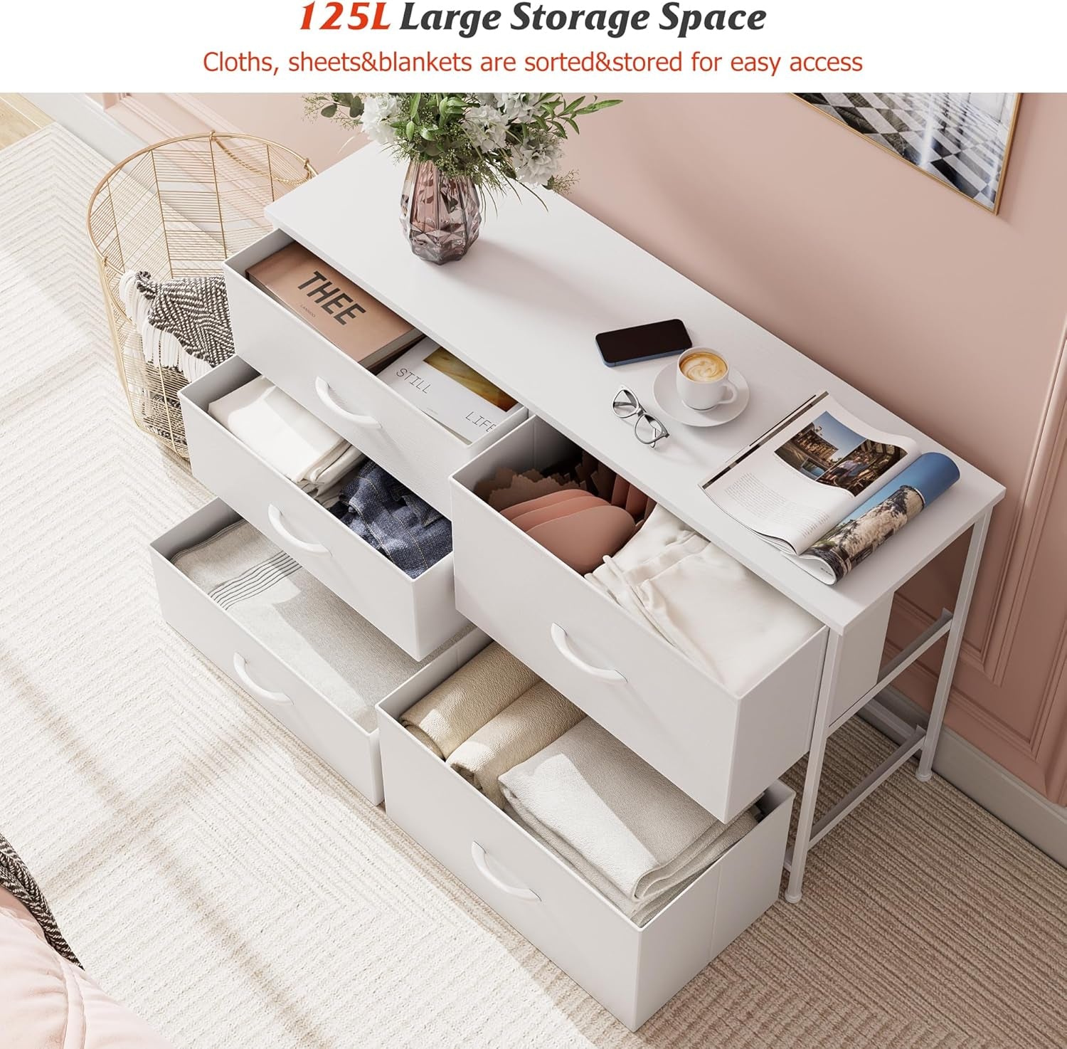 White Dresser for Bedroom with 5 Drawers, Small Dresser for Kids' Bedroom, Closet, Wide Chest of Drawers with Fabric Storage Drawers, Wooden Top, Steel Frame, Modern, White