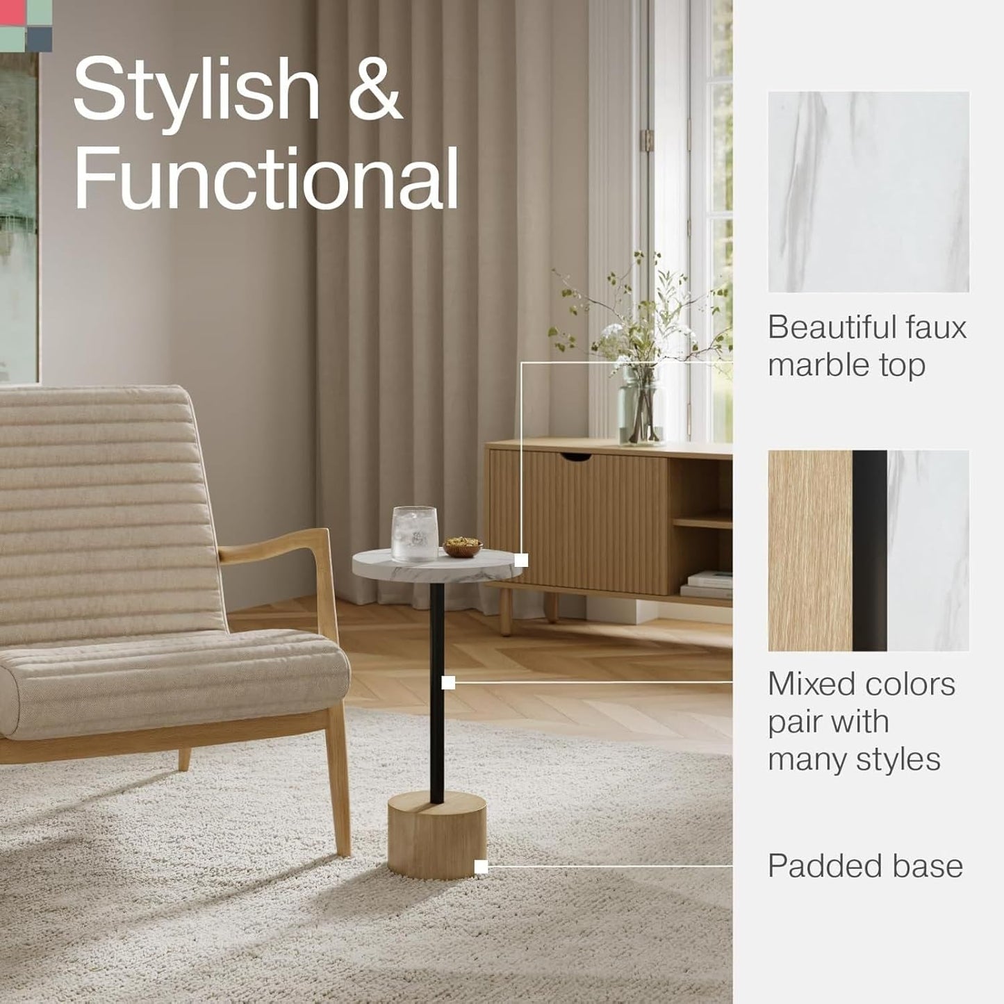 Round Metal Drink Table, Pedestal Drink Desk, Modern Home, Bedroom, and Living Room Furniture, Small Metal Side Table with Cylindrical Light Brown Base, Pedestal Desk (Faux Marble Top)