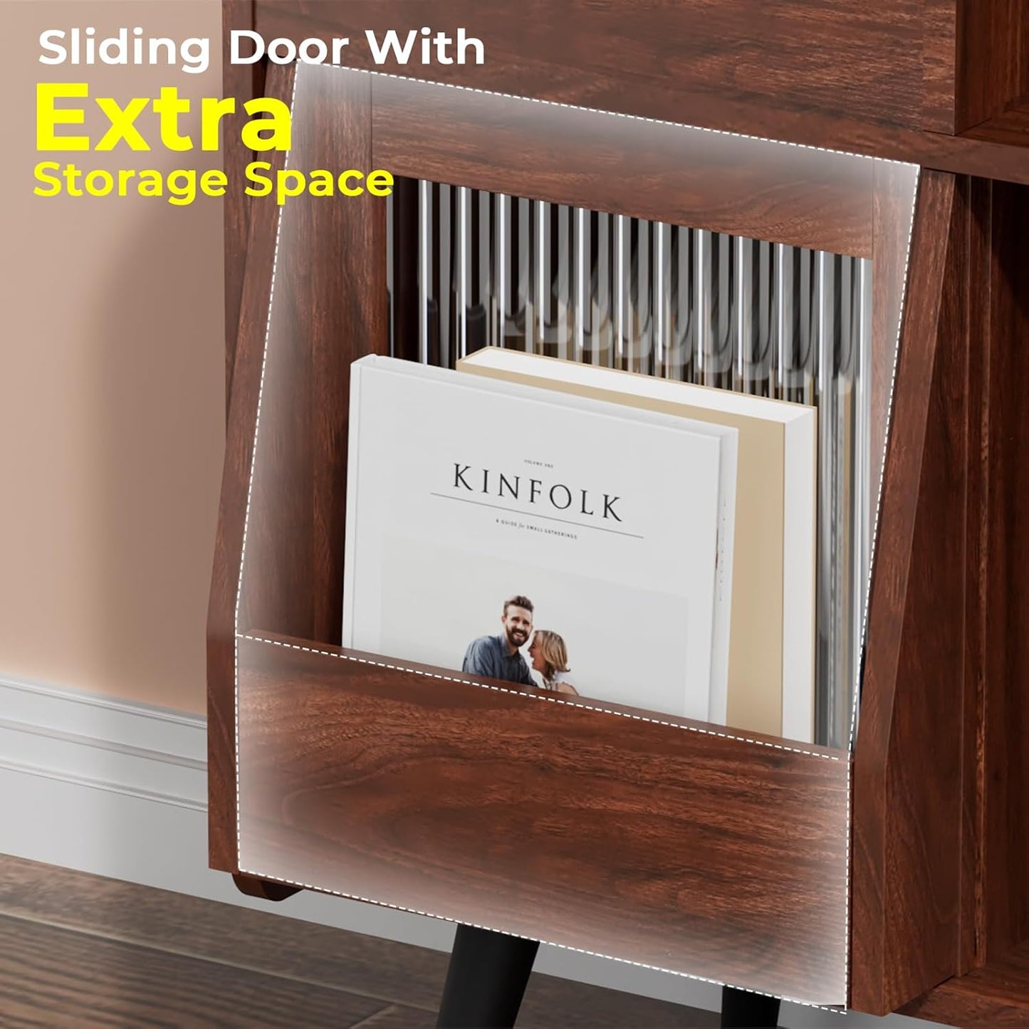 Large Record Player Stand with Sliding Door,350 Vinyl Record Storage Cabinet, Record Player Table with Power Outlet and LED Light,Turntable Stand with Wood Legs for Living Room,Office