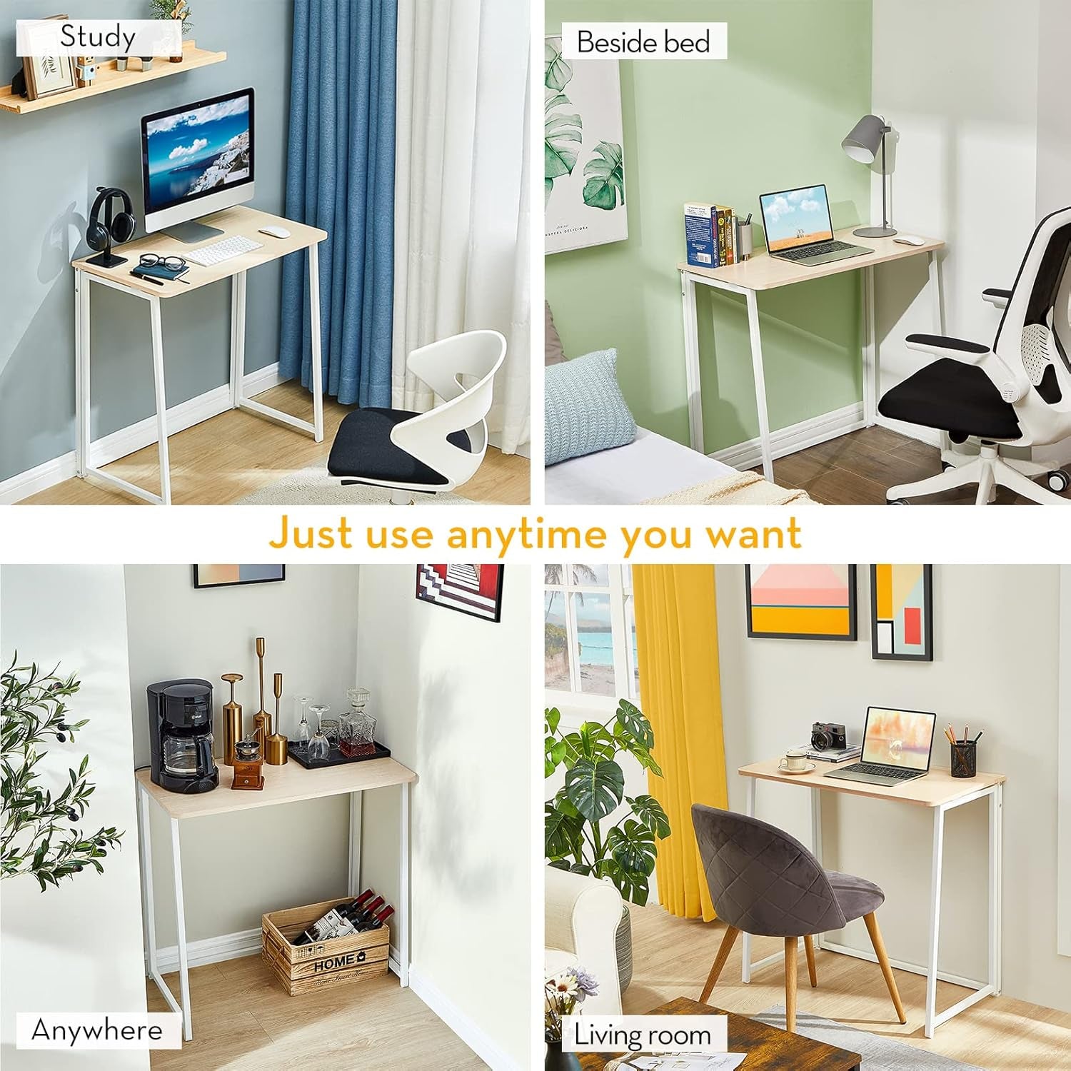 Folding Desk, Small Foldable Desk 31.5" for Small Spaces, Space Saving Computer Table Writing Workstation for Home Office, Easy Assembly, Oak