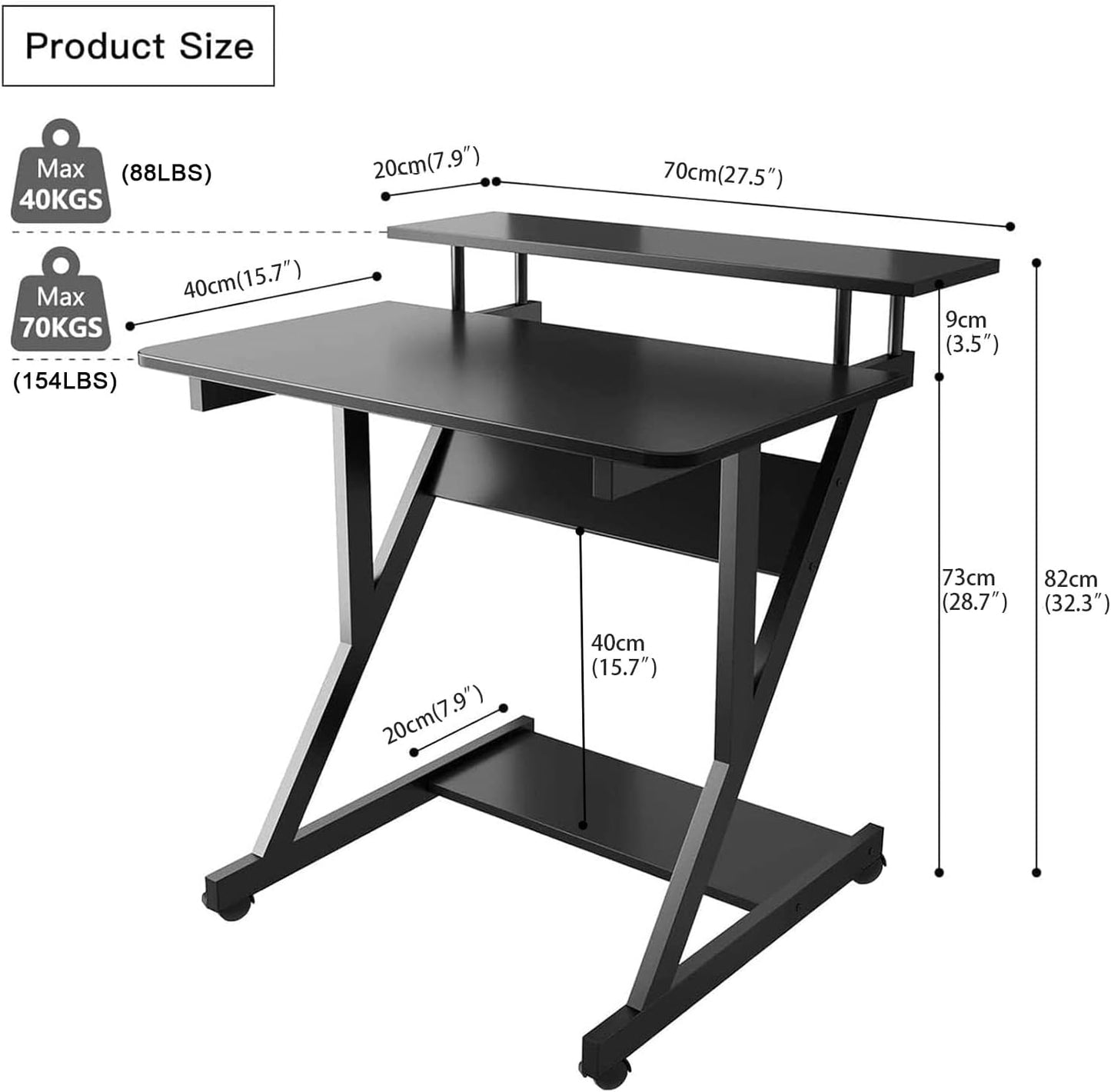 Computer Desk for Small Spaces, 27.5 Inch Small Computer Desk, 3 Tier Compact Desk with Monitor Shelf and Bottom Storage Shelves, Space Saving Desk, Black