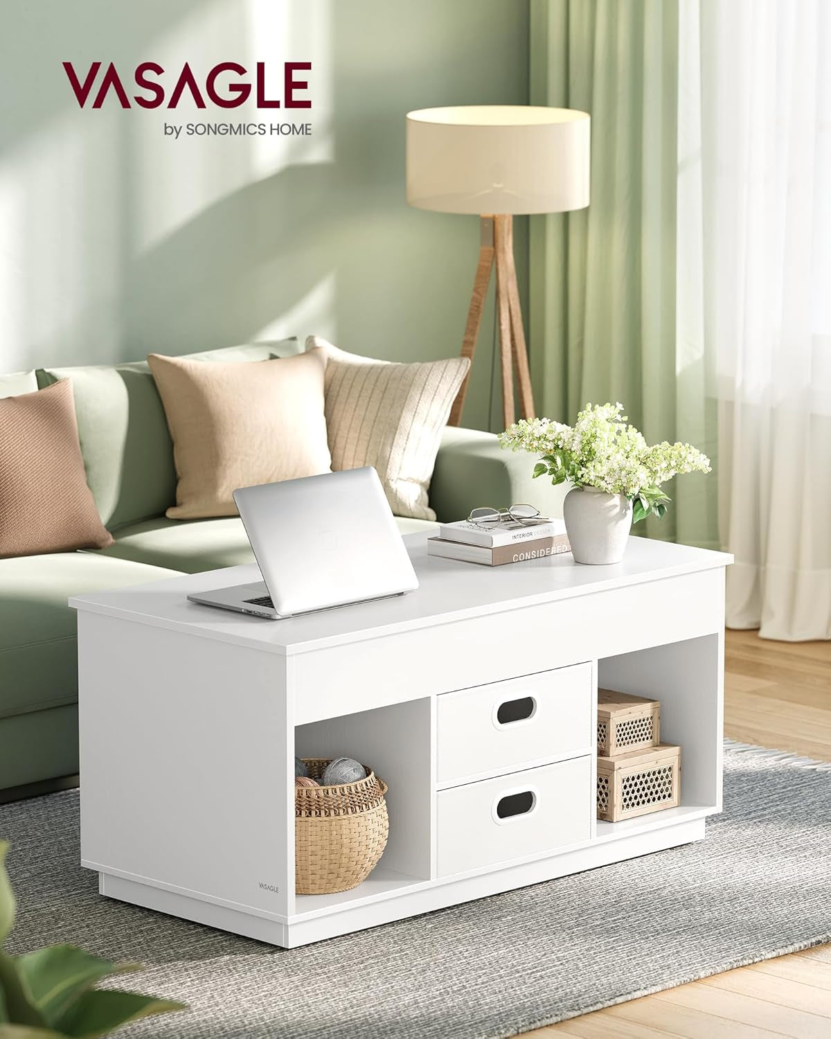 Coffee Table, Lift Top Coffee Table with 2 Drawers and Hidden Compartments, Center Table with Lift Tabletop, Open Compartments, for Living Room, Home Office, Snow White ULCT210W01