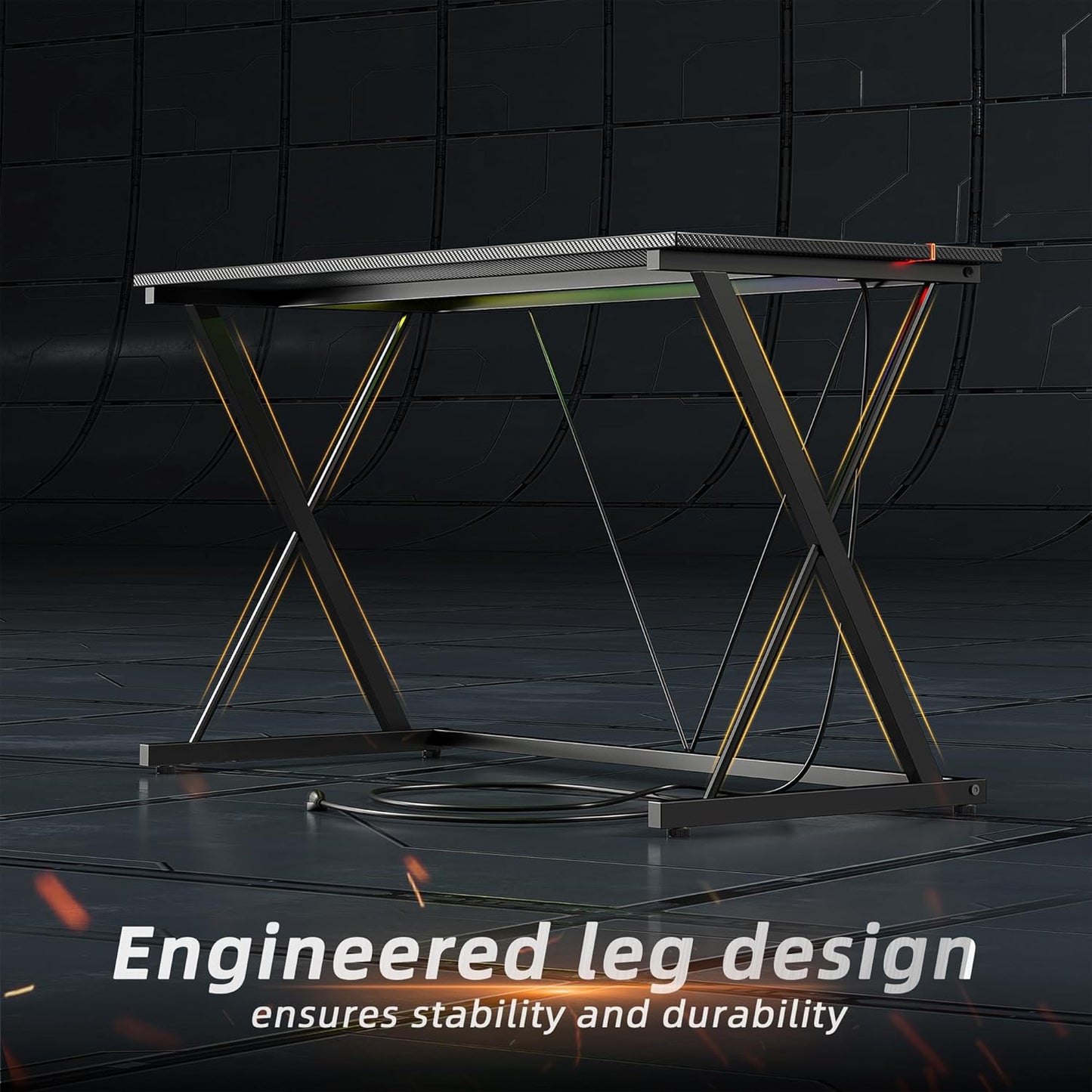 Gaming Desk with Power Outlets & LED 40 Inch Ergonomic Computer Carbon Fiber Surface Gamer Desk, PC Workstation with Headphone Hook for Bedroom, Kids Desk Gift for Boys, Black