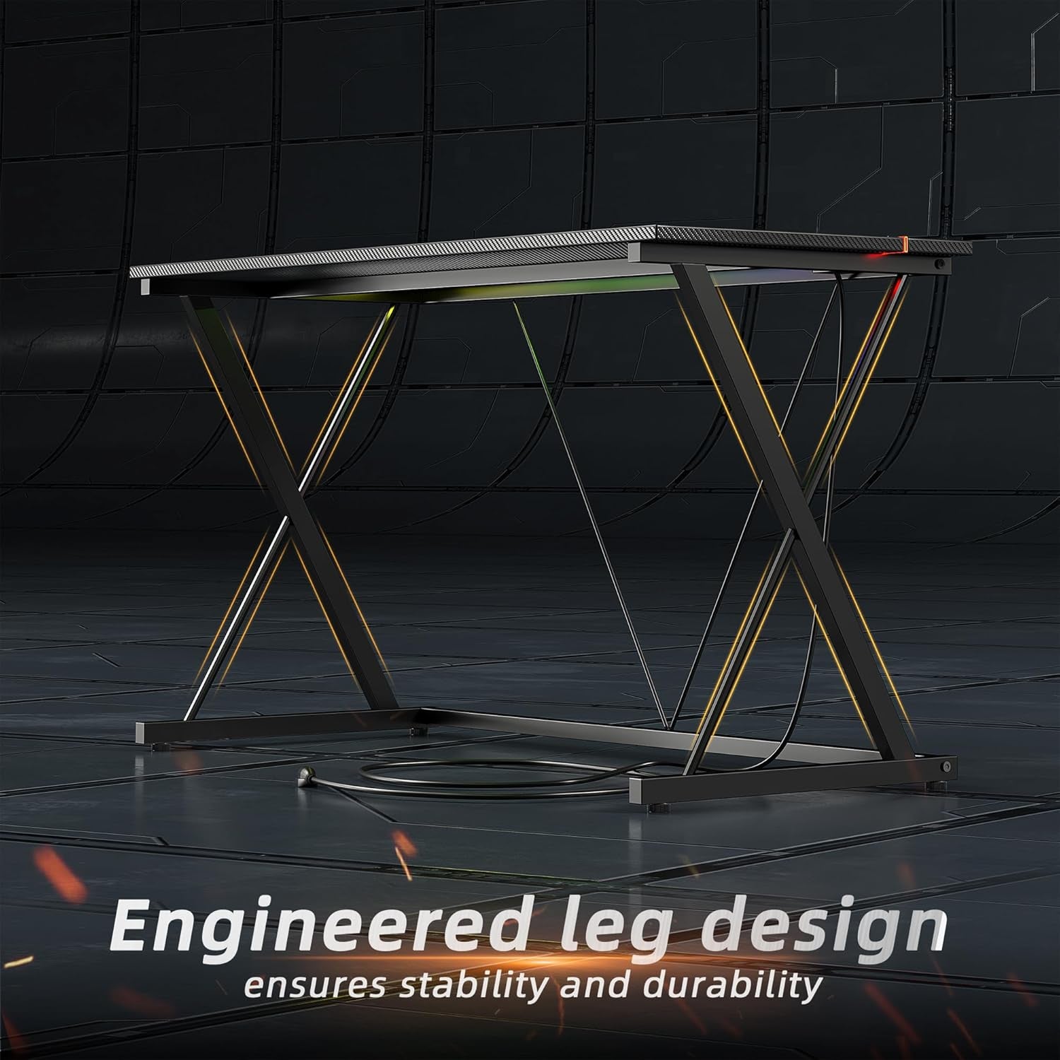 Gaming Desk with Power Outlets & LED 40 Inch Ergonomic Computer Carbon Fiber Surface Gamer Desk, PC Workstation with Headphone Hook for Bedroom, Kids Desk Gift for Boys, Black