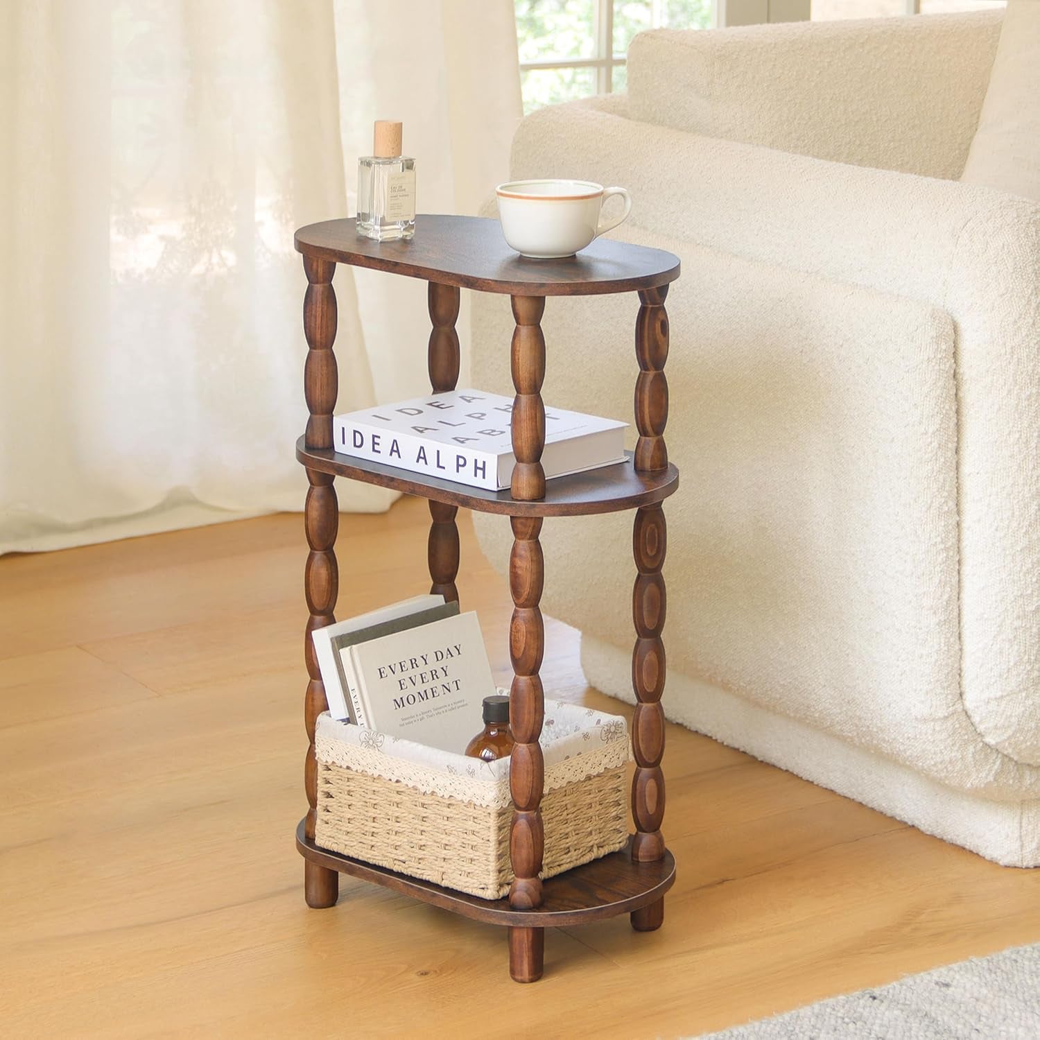 Small Narrow Side Table, 3-Tier Narrow End Table with Storage, Skinny Side Table Nightstand for Small Space, Bedrooms, Living Room (Rustic Brown)