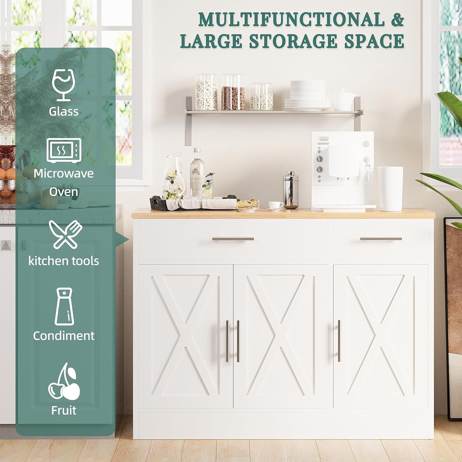 Modern Farmhouse Sideboard Buffet Cabinet with Storage with 3 Doors,42" Barn Doors Buffet Cabinet with Storage, Wood Coffee Bar Cabinets with Adjustable Shelf for Kitchen Living Room,White