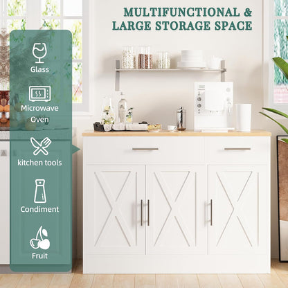 Modern Farmhouse Sideboard Buffet Cabinet with Storage with 3 Doors,42" Barn Doors Buffet Cabinet with Storage, Wood Coffee Bar Cabinets with Adjustable Shelf for Kitchen Living Room,White