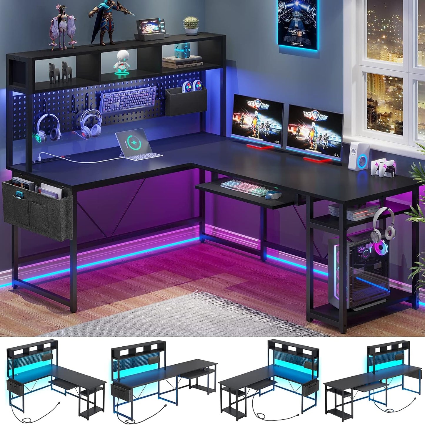 L Shaped Gaming Desk, Reversible Computer Desk with Power Outlet and Pegboard, Gaming Desk with Led Lights, Keyboard Tray and Storage Bag for Home Office, Black