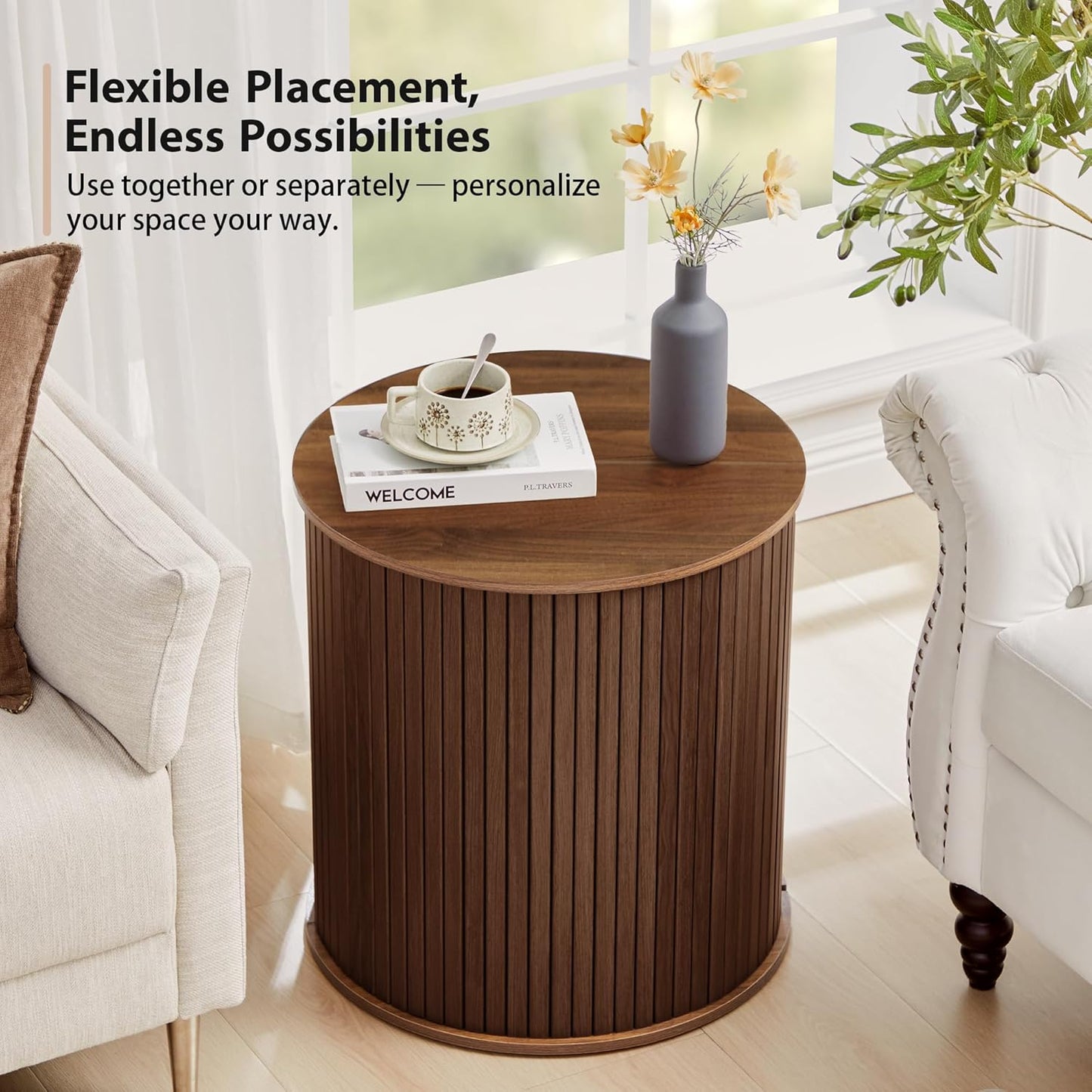 Nesting round Side Table Set of 2, Half-Moon End Tables with Storage Lids, Accent Fluted Bedside Tables with Metal Frame, Sofa Table Nightstand for Bedroom Living Room (1 Round, Walnut)