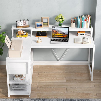 55-Inches Reversible L Shaped Desk with Drawer, Modern White L Corner Desk Home Office Table with Storage Shelves and Monitor Stand, Wooden and Metal PC Desk for Small Space