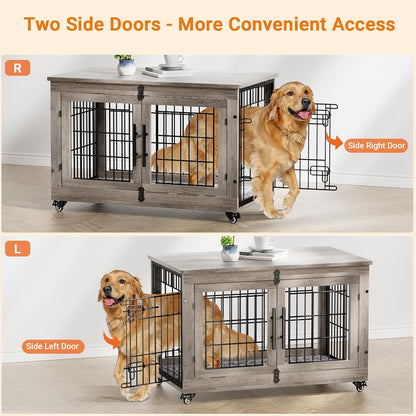 Large Dog Crate Furniture, 38'' Wooden Dog Crate End Table, Double Door Dog Kennel Indoor with Cushion & Wheels, Decorative Dog Cage House Chew-Resistant for Large/Medium, Grey